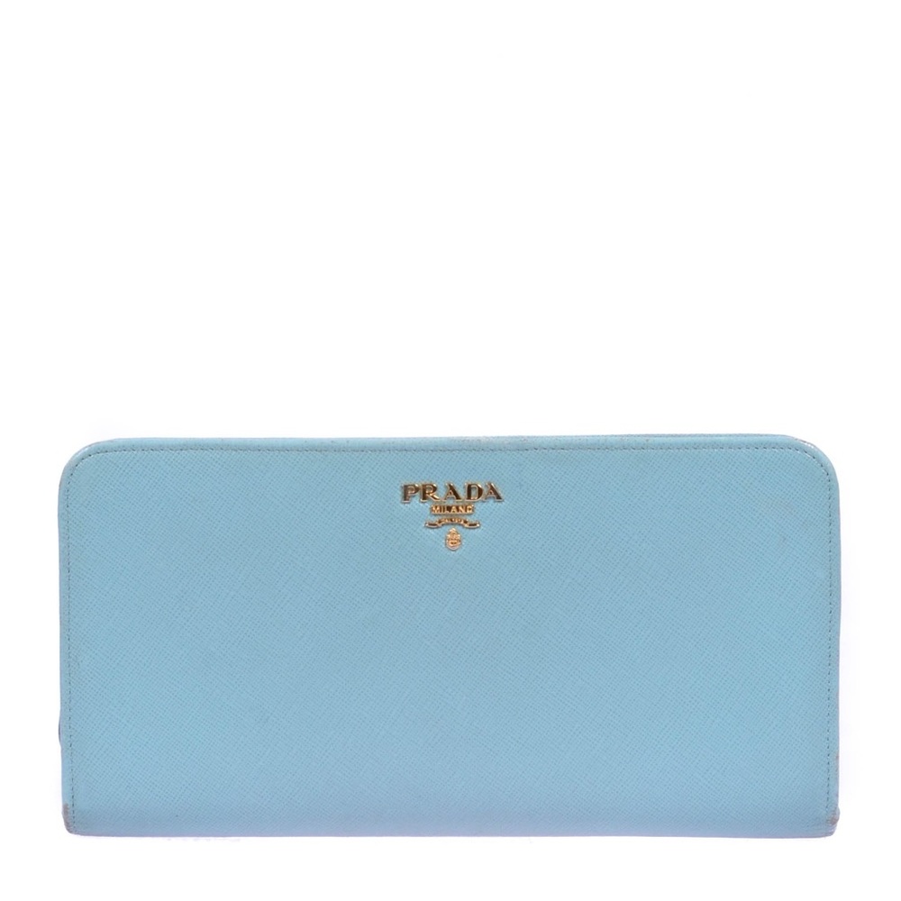 Prada Classic Baby Blue Saffiano Leather Zip Around Wallet
